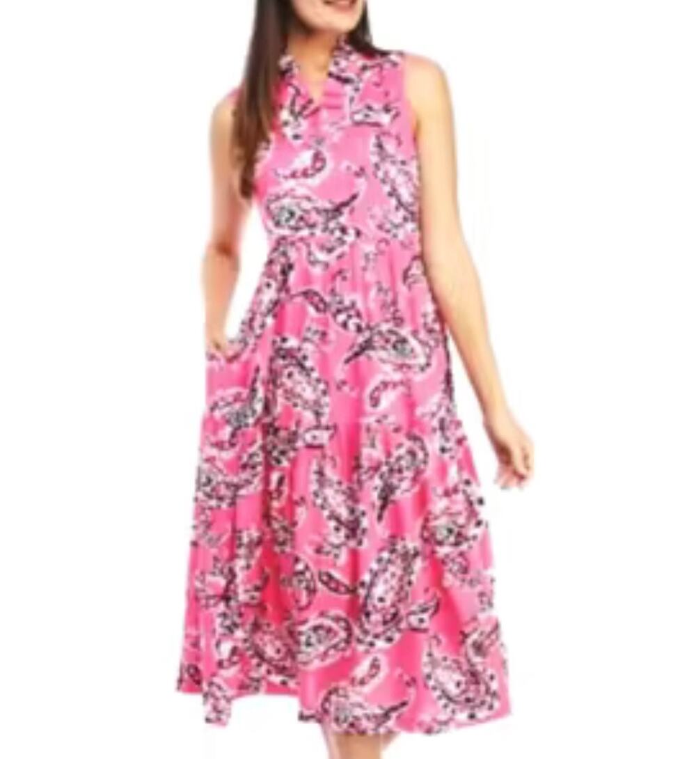 Crown & Ivy Paisley Tiered Midi Dress XL Pink Abstract Sleeveless Sundress Boho